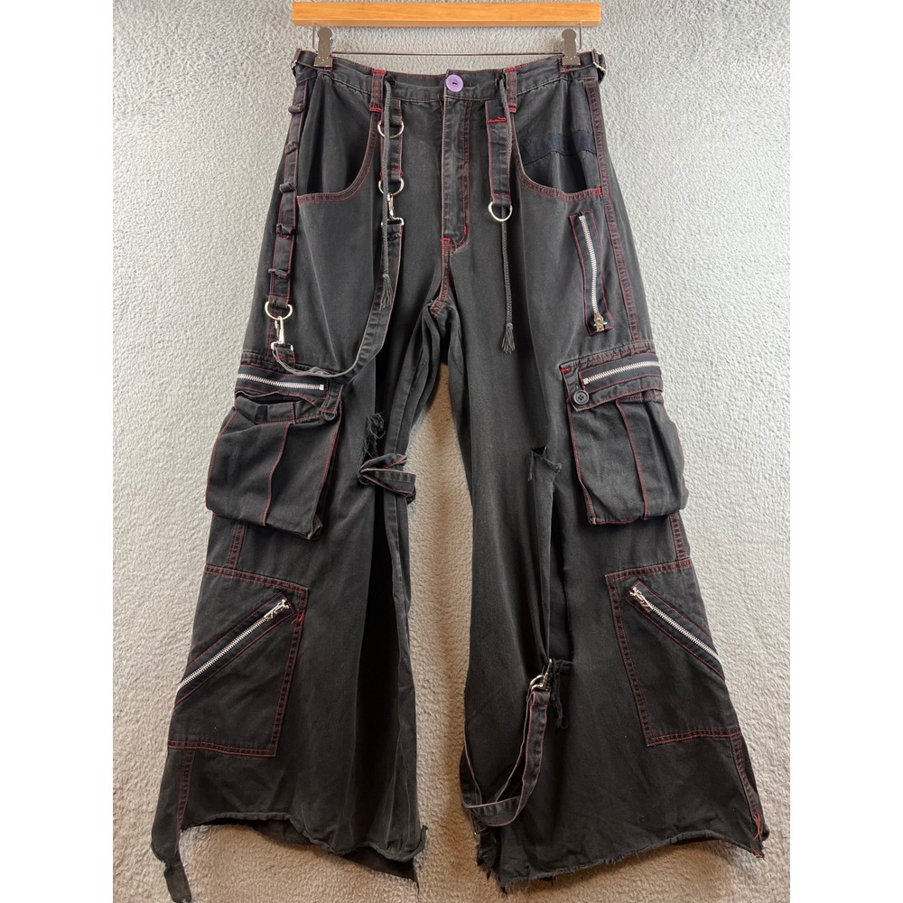Tripp NYC Women Black Red Contrast Stitch Bondage Cargo Pants Wide Leg Punk Goth
